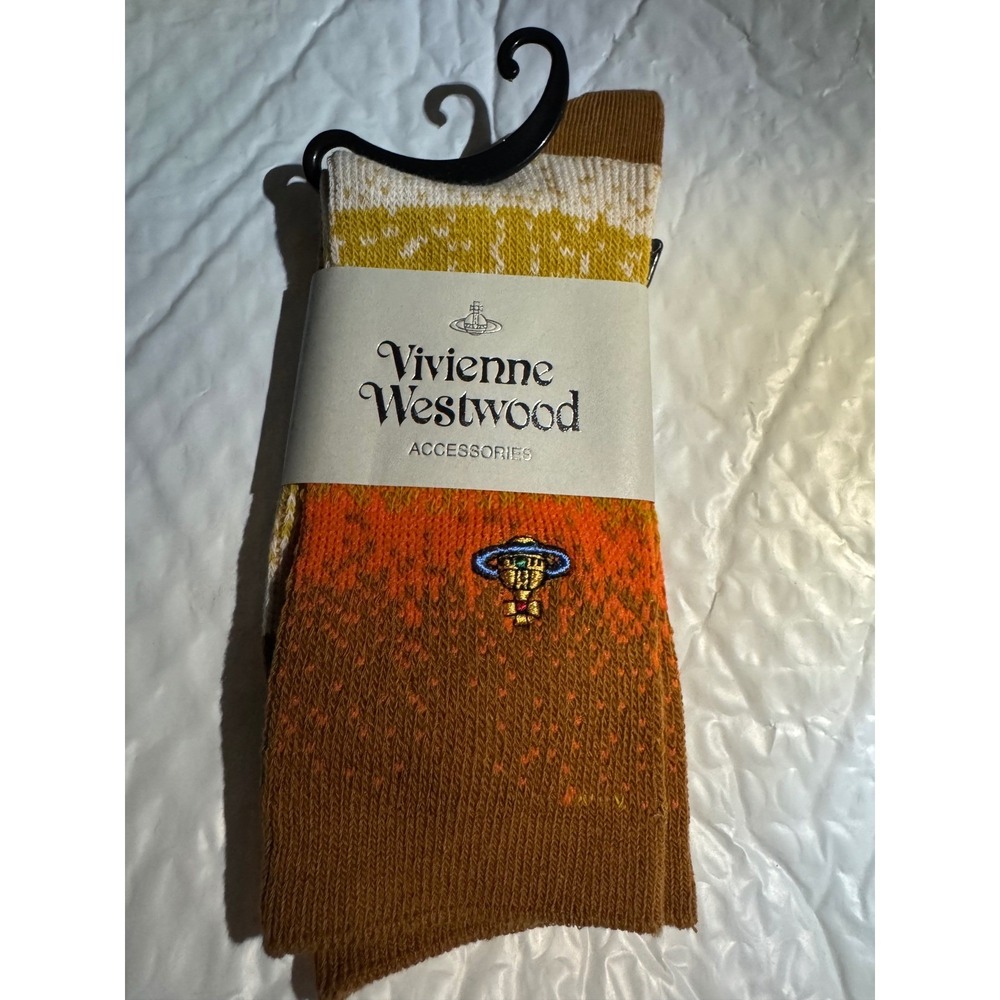 Vivienne Westwood Orange Brown Gradient Knit Orb Logo Crew Socks Made in Japan